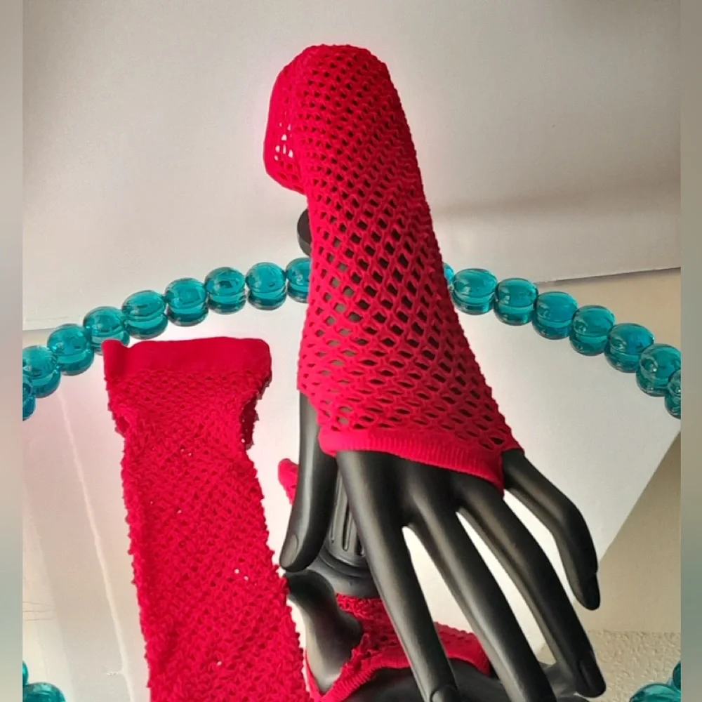 Fingerless Fishnet Red Arm Sleeve Mesh Gloves